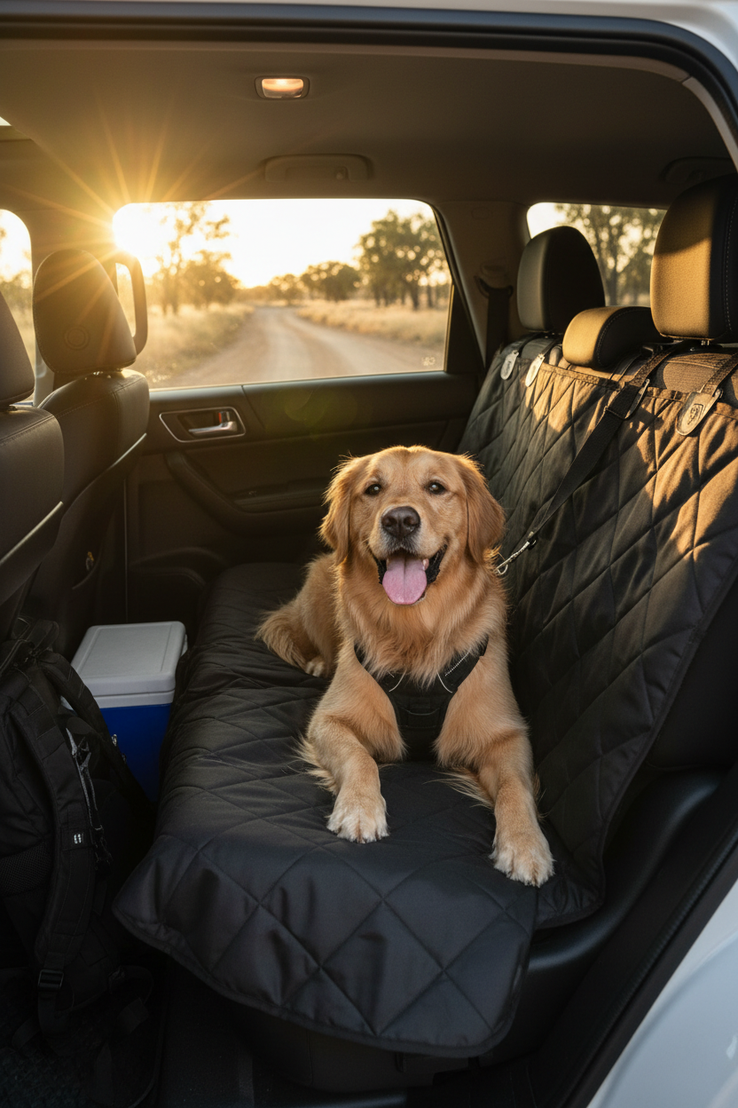 Golden retriever sitting comfortably in the back seat of an SUV with a waterproof dog car seat cover, Australian road trip