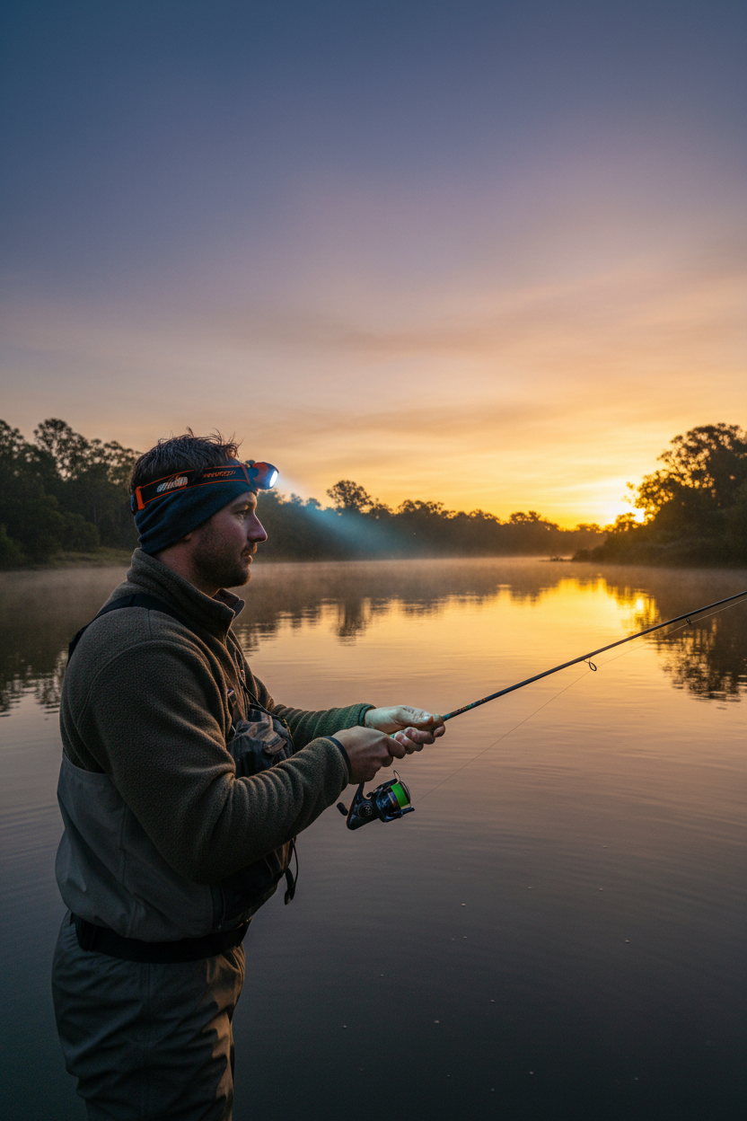 Person wearing LED headlamp while fishing at dawn on an Australian river, hands-free outdoor lighting