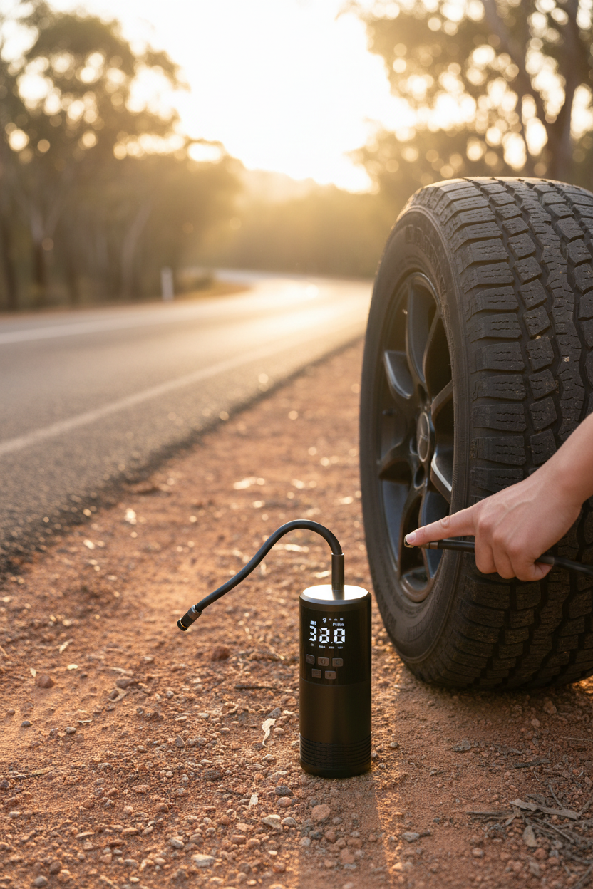 Black portable tyre inflator with digital display being used roadside on an Australian road at golden hour