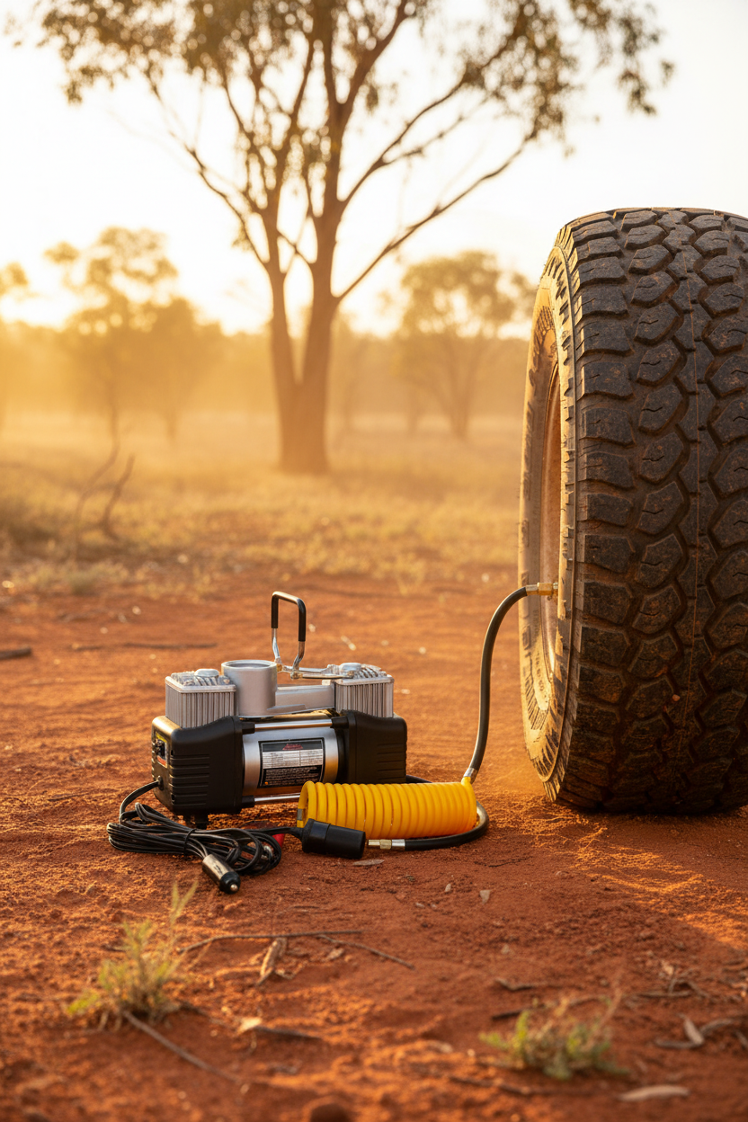 Twin cylinder 12V car air compressor with yellow hose and accessories on red Australian dirt next to a 4WD tyre, outback setting
