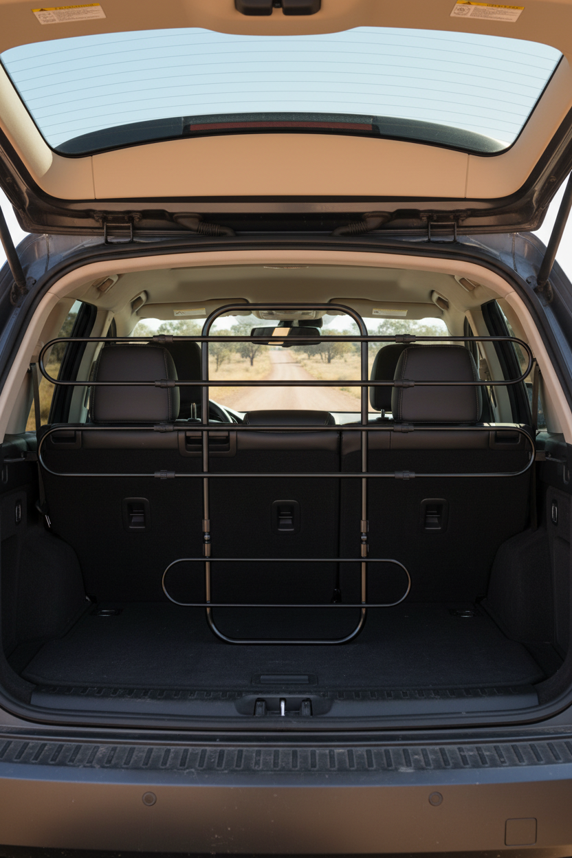 Black adjustable dog car barrier installed in SUV boot, Australian road trip scene visible through rear window